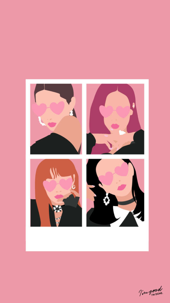 Kawaii Blackpink: Idol Art featuring Anime-style Blackpink members donning pink heart sunglasses on a Polaroid-inspired backdrop with a vibrant pink anime background Wallpaper