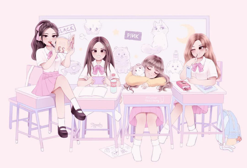Kawaii Classroom Vibes: Blackpink Anime Queens Rocking Matching School Outfits with a Pink Pastel Aesthetic Wallpaper