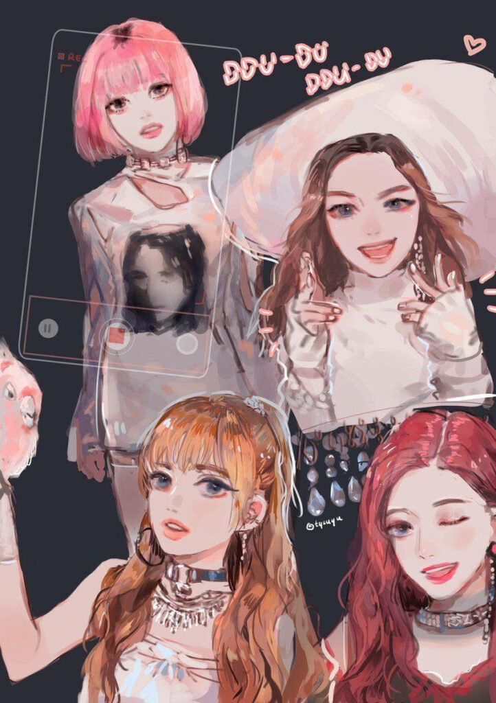 Blackpink's Animated Transformation: Unveiling the Legendary Ddu-du Ddu-du MV Attire Against an Enchanting Anime Backdrop Wallpaper