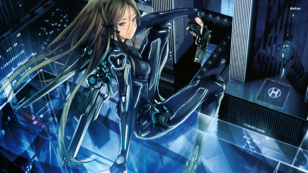 The Futuristic Femme Fatale: An HD Cyberpunk Assassin Perched atop a Glass Skyscraper Wallpaper