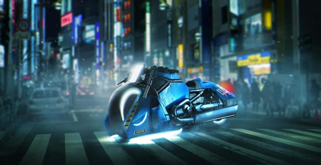 Futuristic Fusion: A Harley Davidson Roams Blade Runner's Urban Jungle Wallpaper