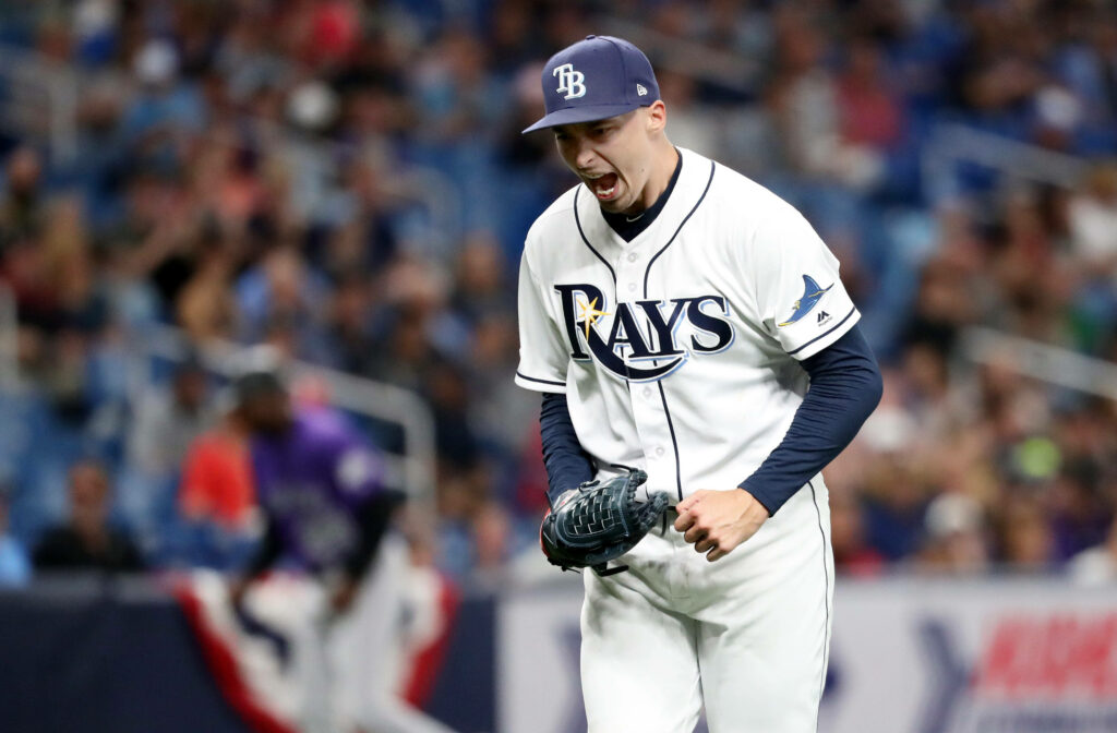 Blake Snell shouting on Tampa Bay Rays mound dynamic wallpaper showing energy and passion