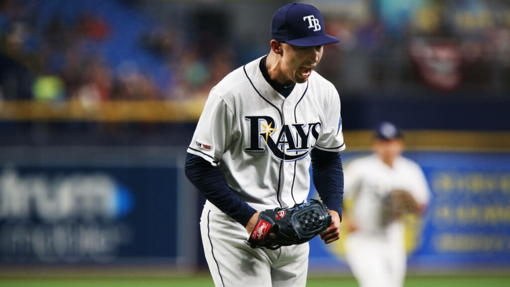 Blake Snell intense pitching moment Tampa Bay Rays uniform MLB game wallpaper background