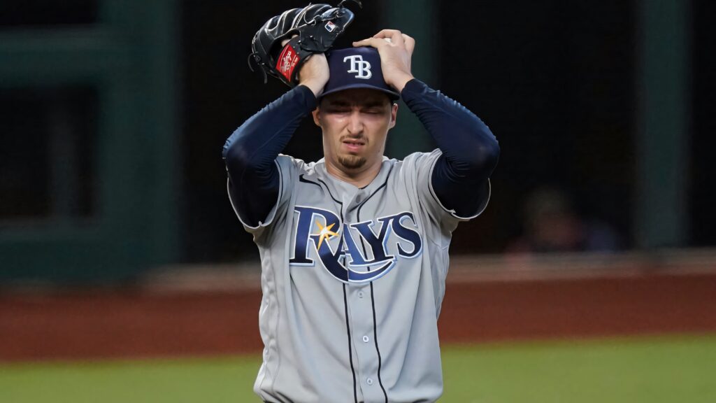 Blake Snell Tampa Bay Rays uniform mid game focusing adjusting cap tense baseball moment wallpaper