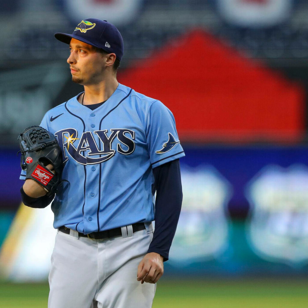 Blake Snell Tampa Bay Rays focused on field sunset glow inspirational baseball wallpaper background