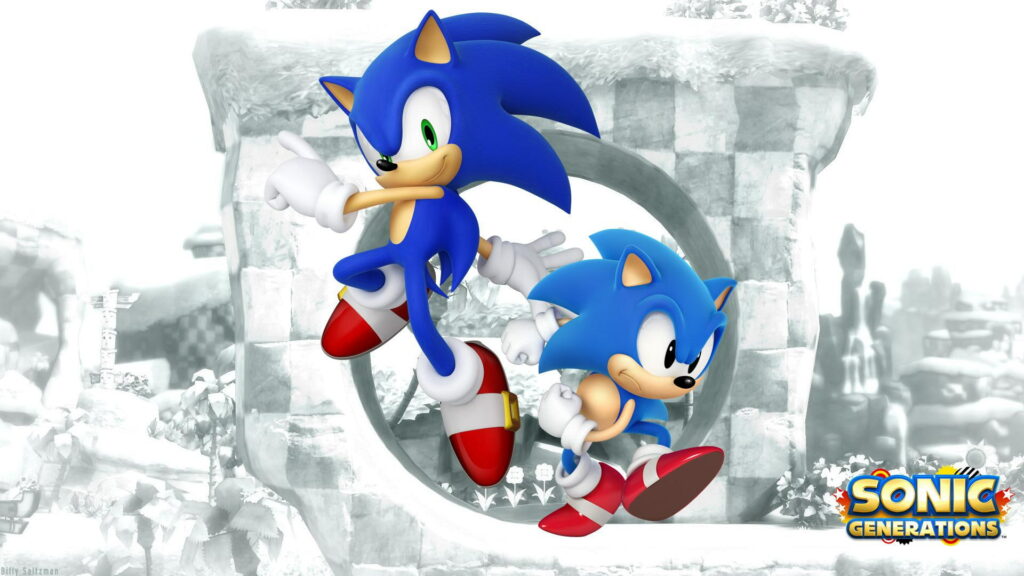 Sonic Generations HD wallpaper with Modern and Classic Sonic in Green Hill Zone background