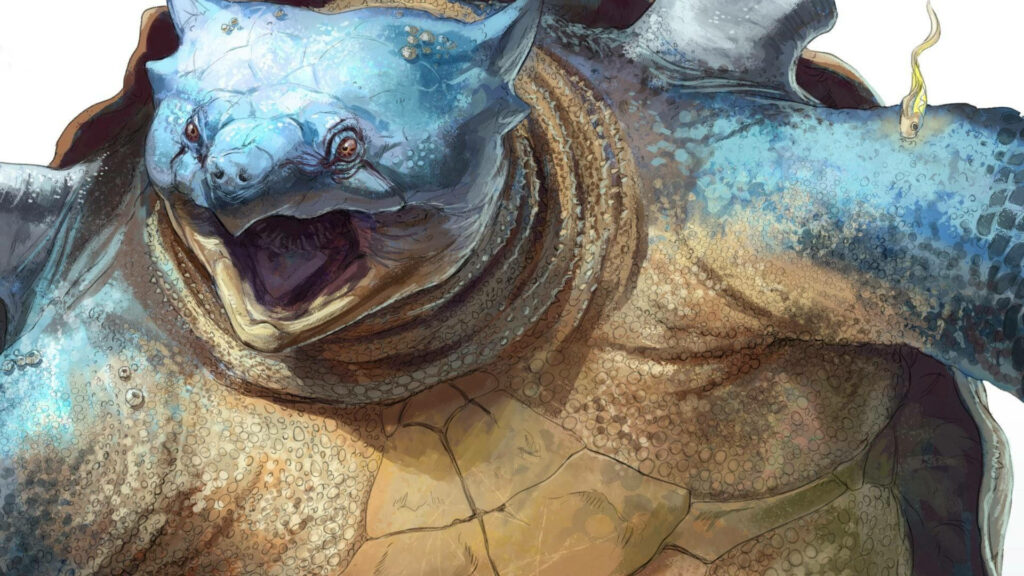 Blastoise in fierce battle pose showcasing massive shell with intense expression wallpaper background