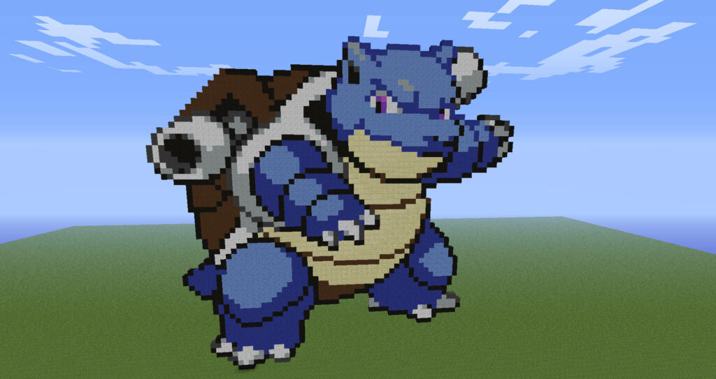 Blastoise pixel art in Minecraft vibrant colors standing against clear blue sky wallpaper background