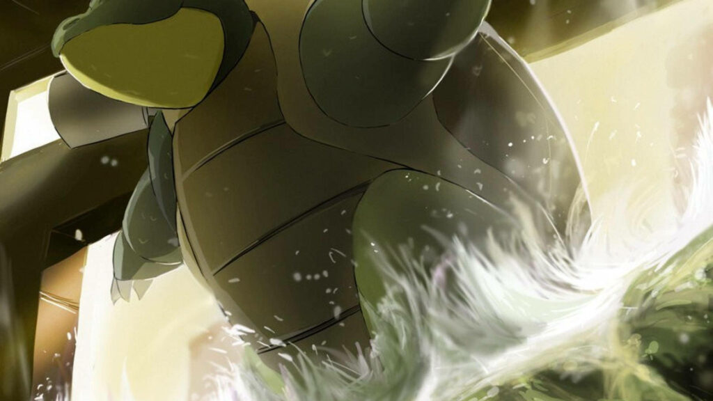 Blastoise powerful armored body amidst crashing water dynamic wallpaper background image