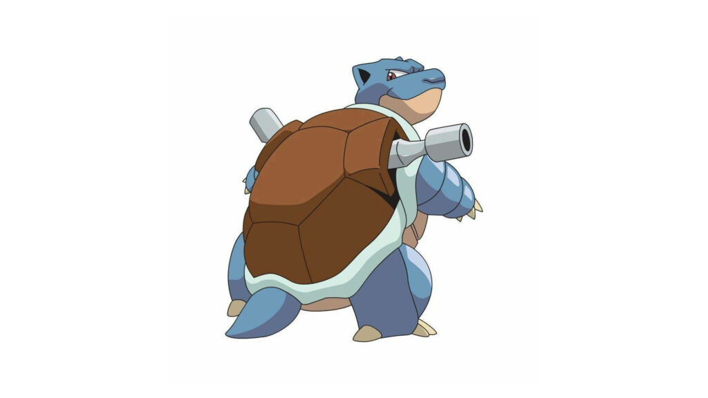 Blastoise Pokémon wallpaper with water cannons and sturdy shell in bold dynamic pose background