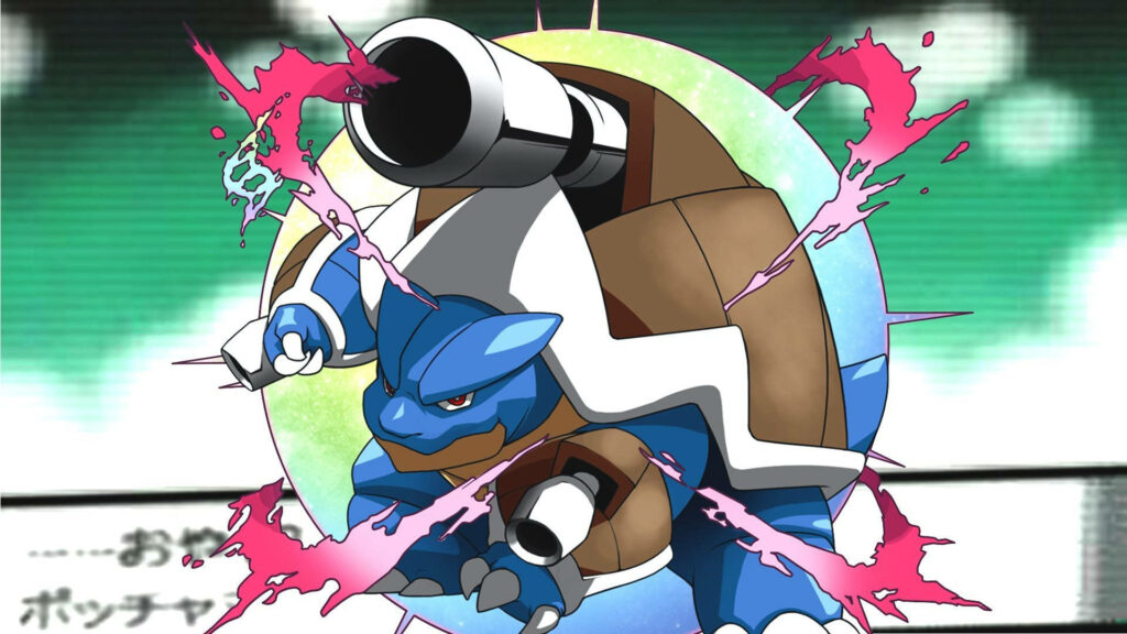 Blastoise charging with powerful water cannons surrounded by dynamic colorful splashes wallpaper