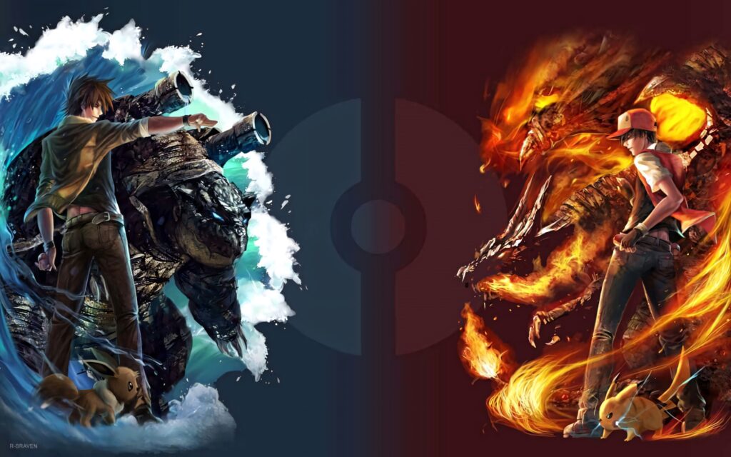Blastoise and Charizard battle with trainers fiery flames and water blasts dynamic Pokémon wallpaper
