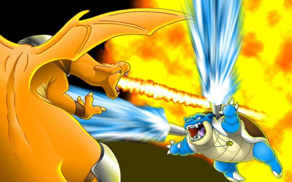 Blastoise and Charizard intense battle with powerful water and fire attacks wallpaper background