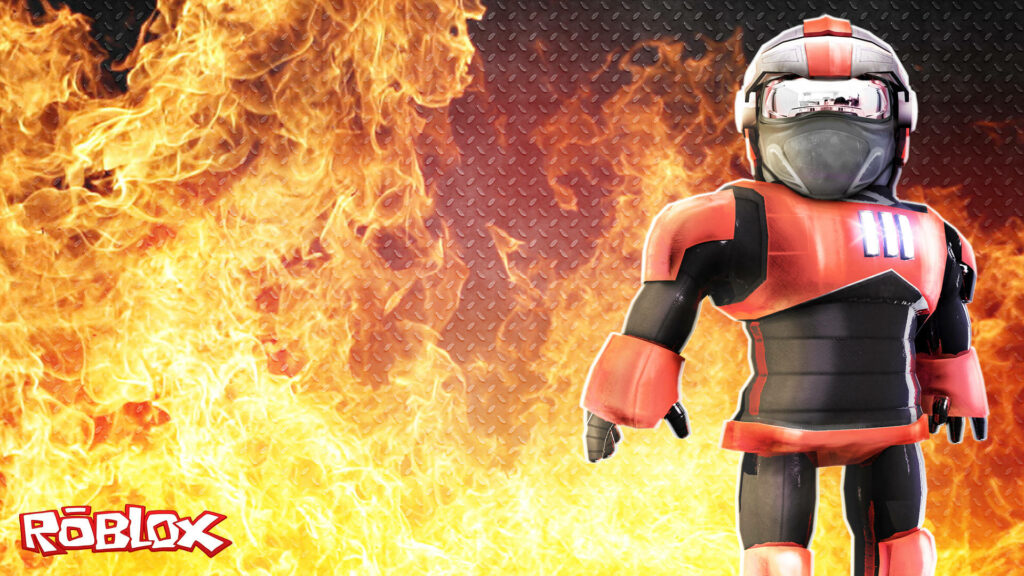 Red-armored Roblox avatar with fire and diamond plate background gaming wallpaper digital art