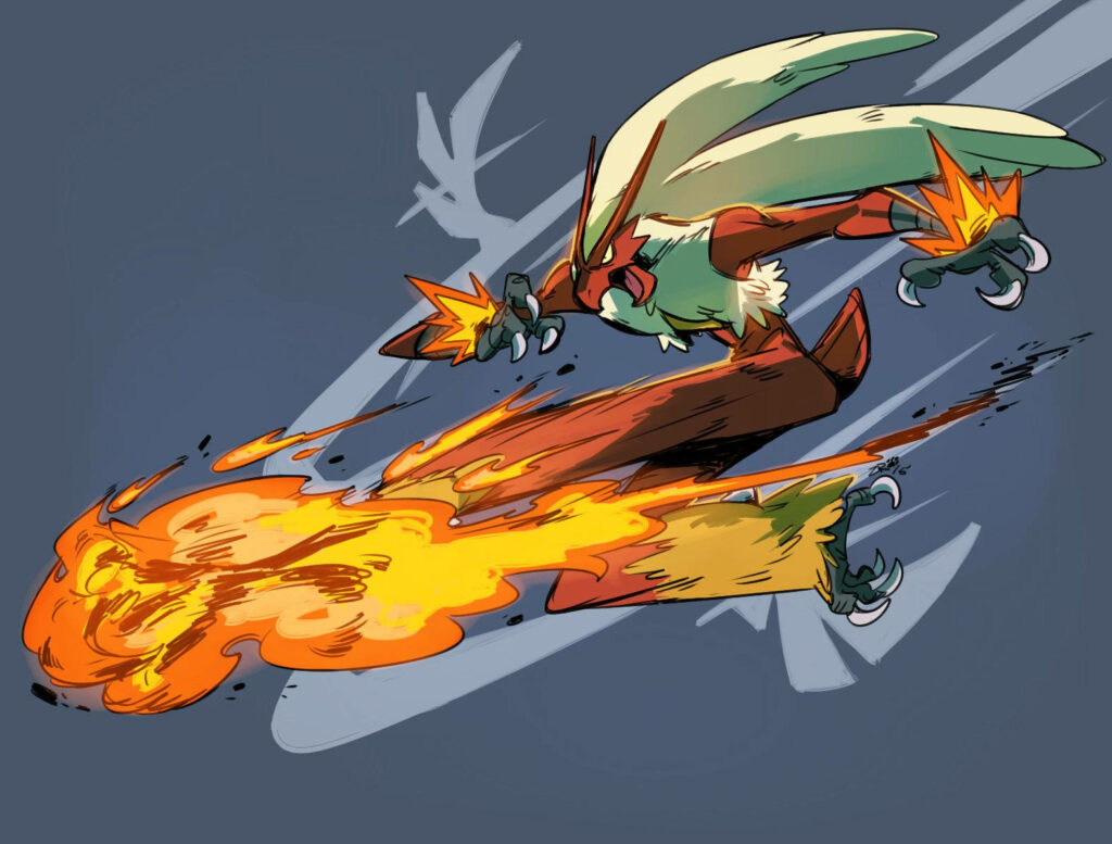 Blaziken performing fiery Blaze Kick attack with intense energy in dynamic Pokemon wallpaper
