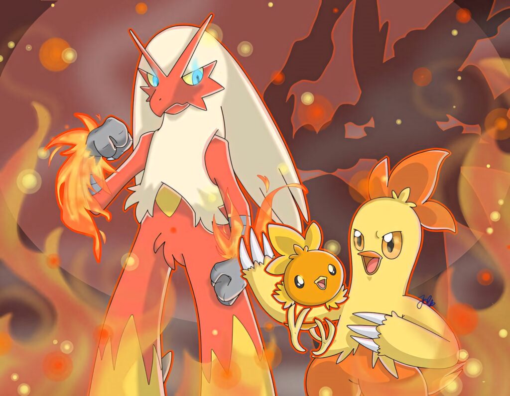 Blaziken evolution wallpaper showing Torchic Combusken and Blaziken in fiery dynamic scene
