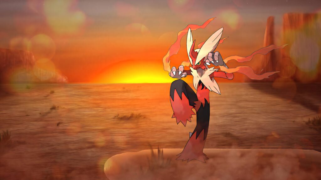 Blaziken ready for battle glowing sunset fiery energy vast open landscape Pokemon wallpaper