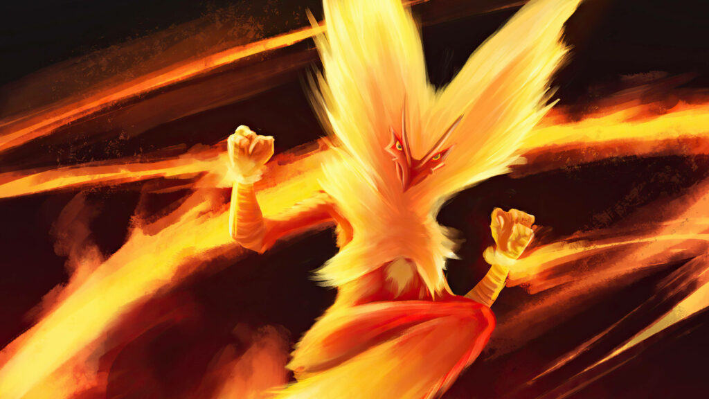 Blaziken ready to battle surrounded by intense flames dynamic fire type Pokemon wallpaper