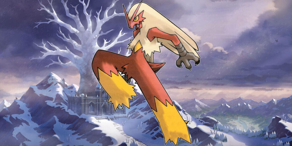 Blaziken Fire Pokemon stands boldly with snowy mountains mystical frozen tree and castle background Wallpaper