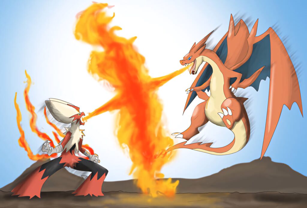 Blaziken and Charizard battling with powerful flames in a dynamic Pokemon fire battle wallpaper