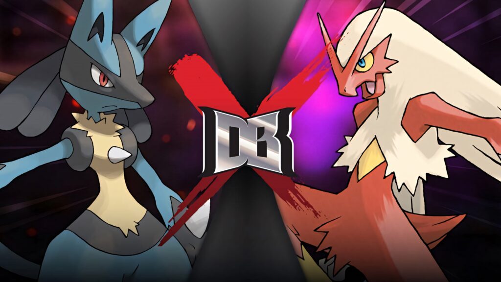 Blaziken and Lucario intense battle pose dynamic Pokemon wallpaper fierce rivalry background