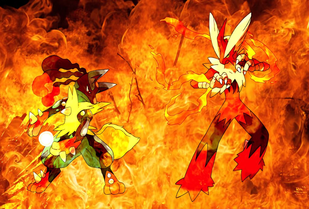 Blaziken and Lucario fierce fire battle dynamic Pokemon wallpaper with blazing flames background