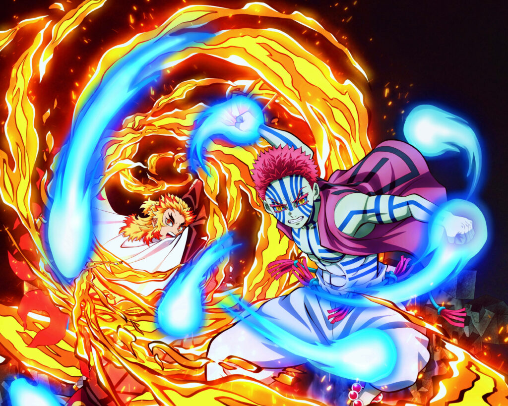 Akaza, the Enchanting Demon Slayer - Dueling amidst Blue Firestorm Wallpaper