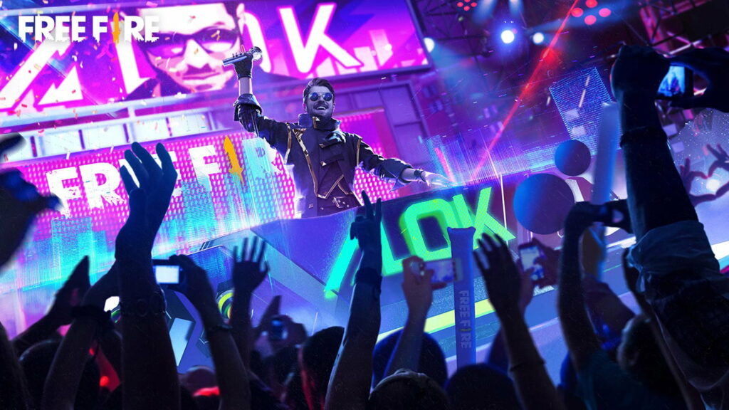 DJ Alok performing live on neon-lit Garena Free Fire stage with animated concert crowd Wallpaper