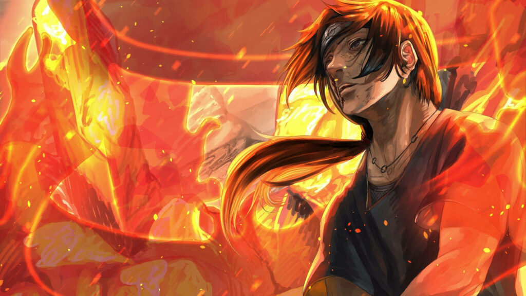 Blazing Flames: Itachi Uchiha Showcased in Captivating Fire Anime Art Wallpaper