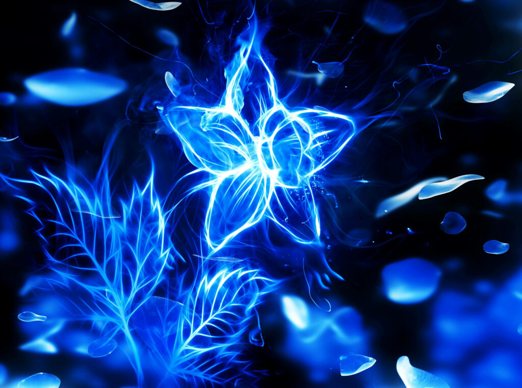 Neon-Lit Blue Flora: Luminescent Petals amid Fiery Blue Bliss Wallpaper