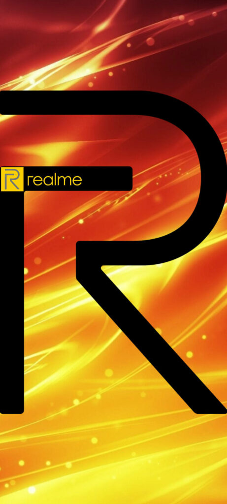 Fierce and Fiery: The Large 'R' Realme Logo Against an Abstract Yellow-Orange-Red Background Wallpaper