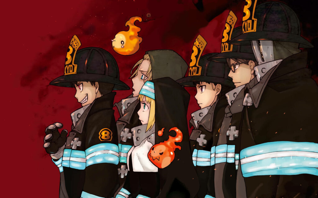 Blazing Heroes: A Fire Force Anime Wallpaper Depicting Fearless Firefighters Against a Maroon Backdrop