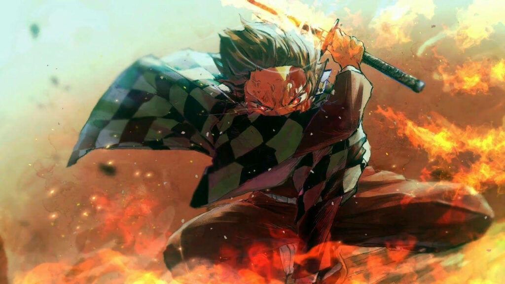 Determined Demon Slayer: Tanjiro Wields His Sword, Unleashing the Raging Sun Technique Wallpaper