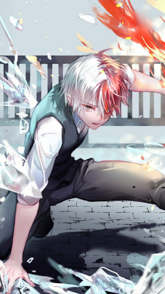 Flaming Dualities: Shoto Todoroki's Fiery and Icy Quirks in My Hell Akademia Wallpaper