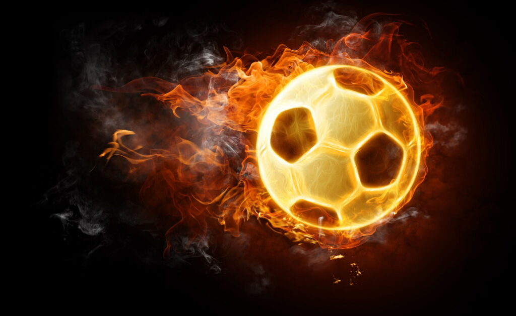 Fiery soccer ball digital wallpaper glowing flames on black background for football fans