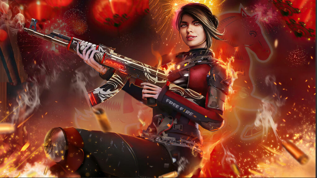 Blazing Valor: A Fiery Free Fire Desktop Background Featuring an Armed Female Soldier with an AK47 Rifle Wallpaper