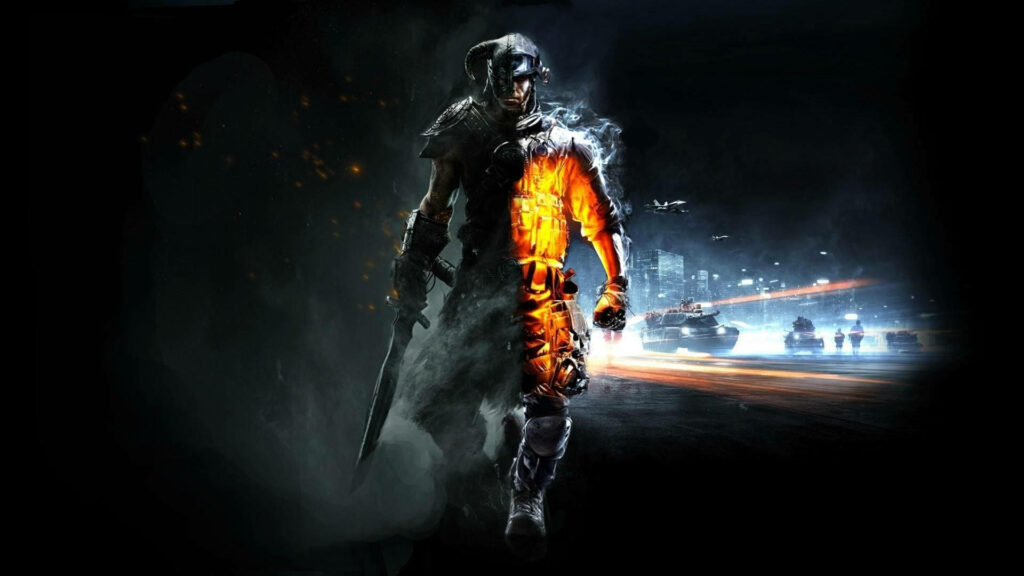 Burning Fury: The Fiery Skyrim Warrior Wallpaper