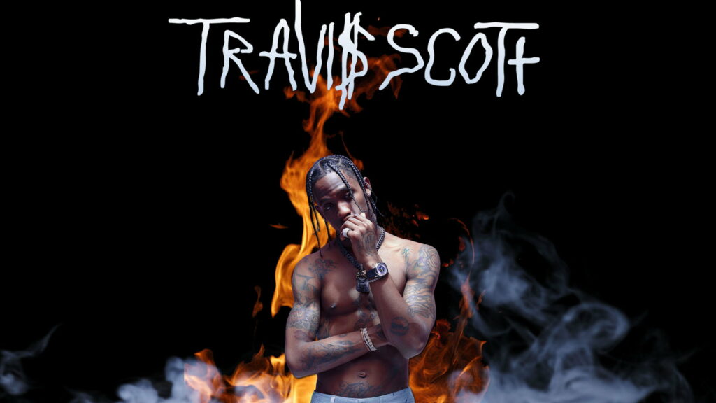 Blazing Brilliance: Travis Scott Stands Bold in Fiery HD Wallpaper