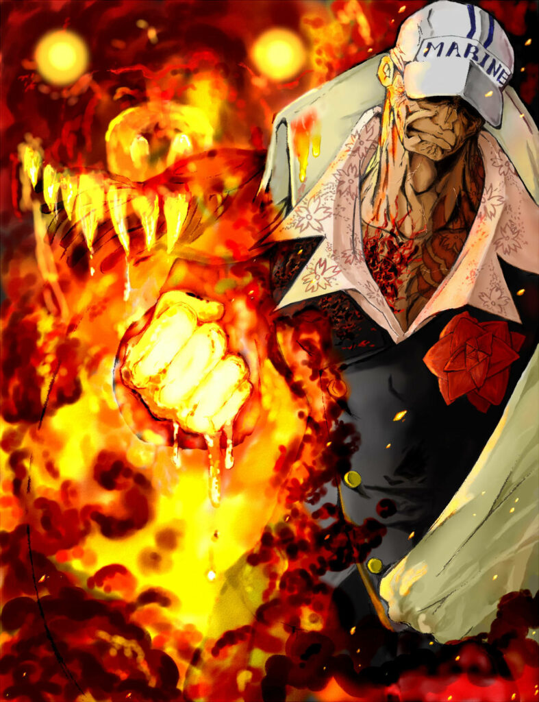 Burning Impressions: The Fiery Portrait of Fleet Admiral Akainu Sakazuki in One Piece Anime Wallpaper