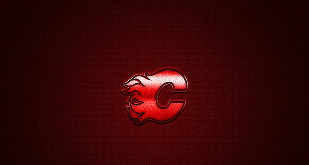 Blazing Red Calgary Flames logo on dark textured background with metallic highlights hockey wallpaper