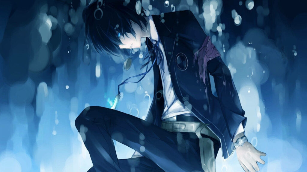 Rin Okumura: Embracing His Demonic Origins, Radiating with Blue Illumination - Mesmerizing Anime Backdrop Wallpaper