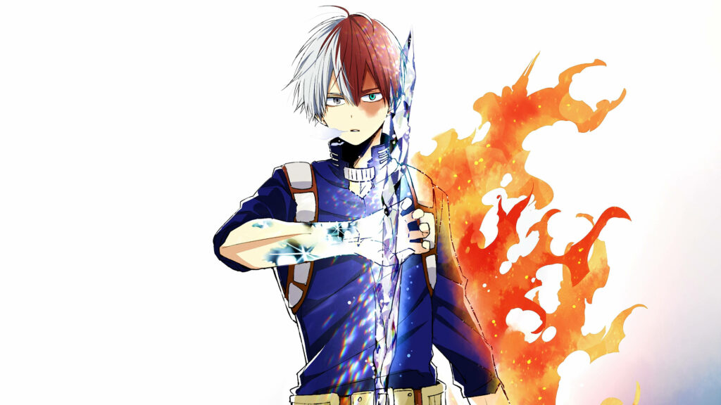 Burning Ice: Aesthetic Background showcasing Shoto Todoroki's Fire and Ice Abilities from My Hero Academia Wallpaper