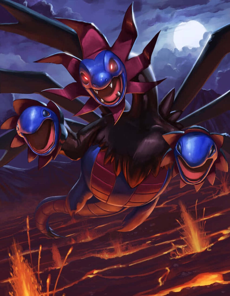Infernal Majesty: Hydreigon's Aerial Dominance over Fiery Depths Wallpaper