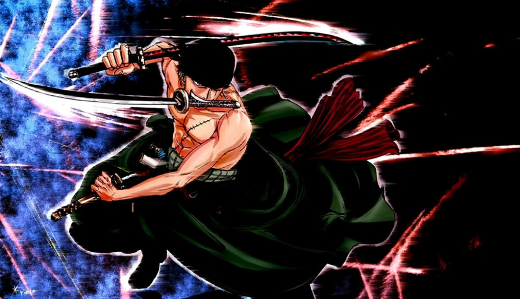 Sword-wielding Fury: Roronoa Zoro's Dynamic Battle Stance in One Piece World Wallpaper