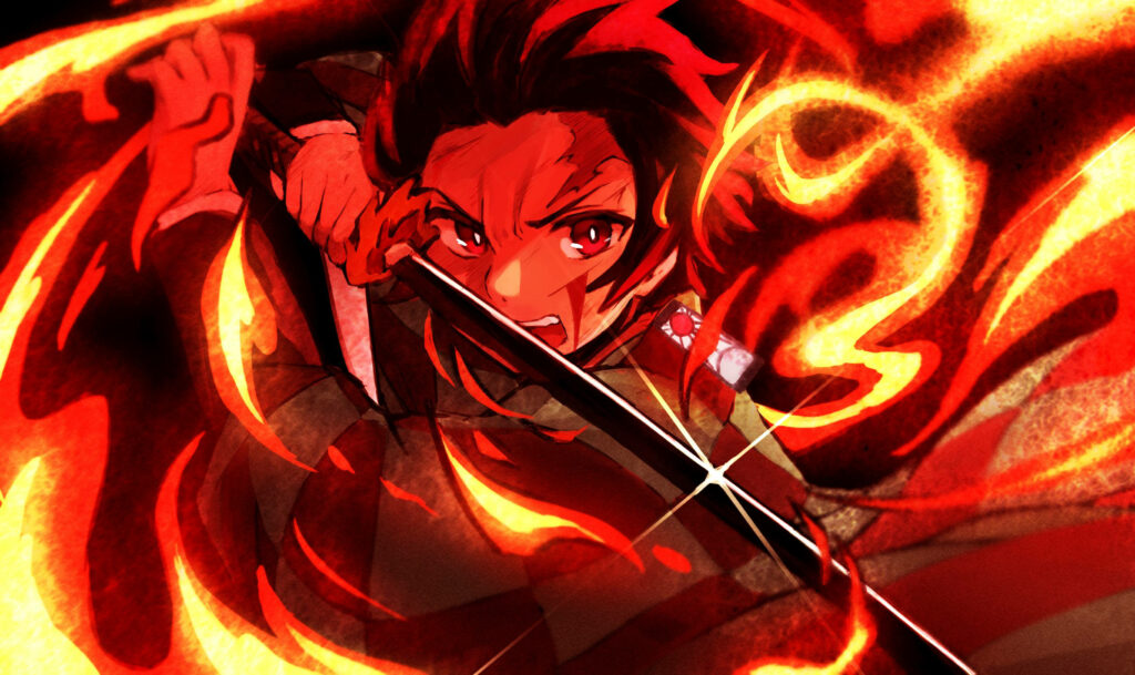 Dynamic Battle Stance: Tanjiro Unleashes His Fiery Aesthetic Wallpaper
