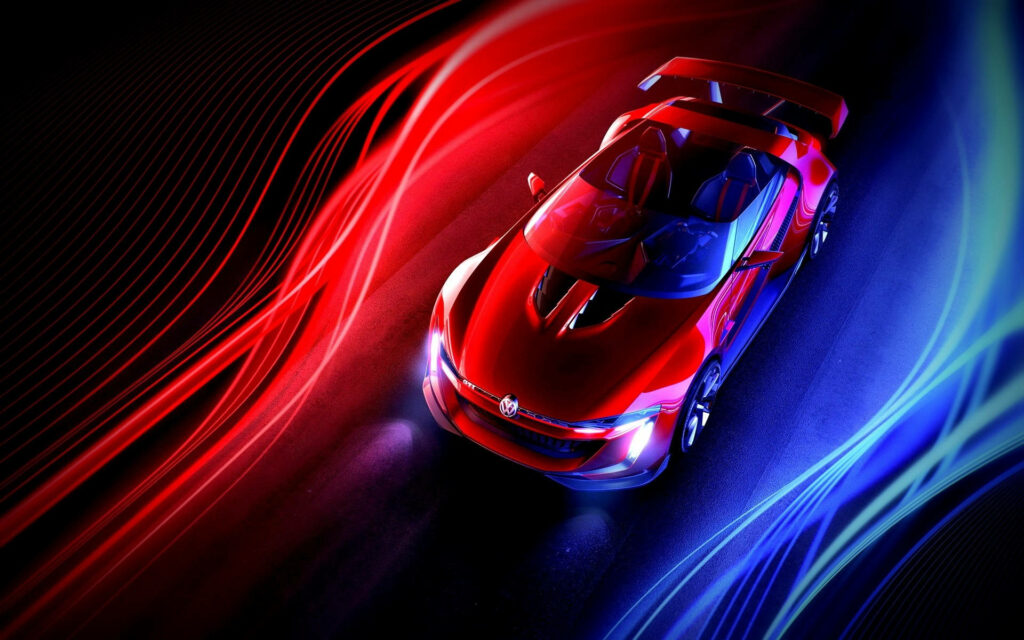 Blazing the Night: A Red and Blue Sports Car Lights up the Dark Road in Cool 1920 X 1200 LED Wallpaper