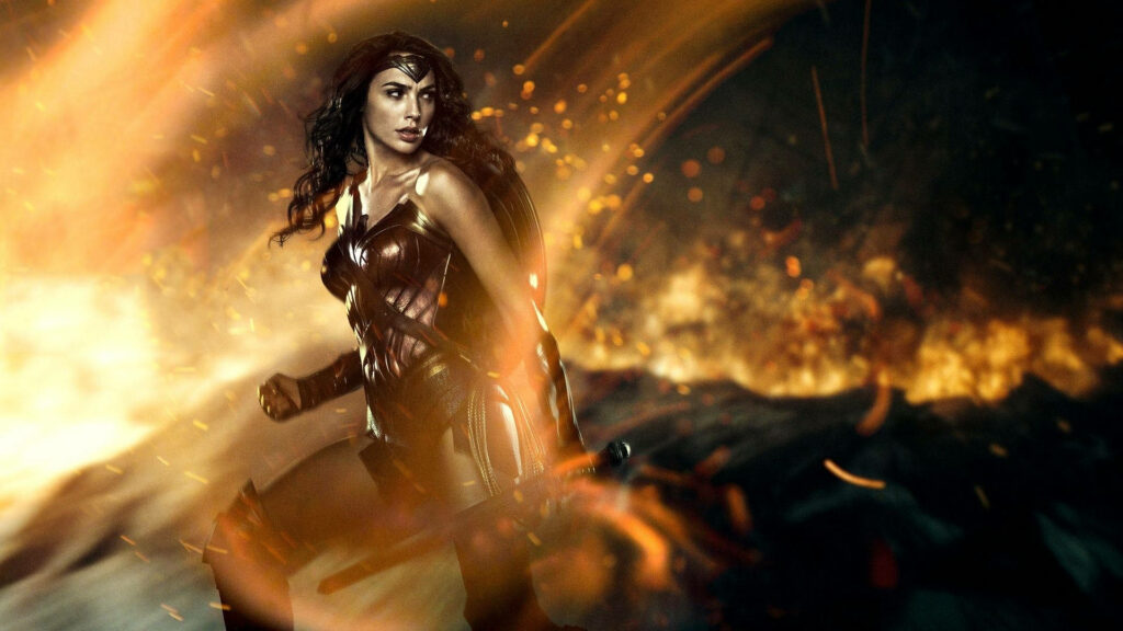 Blazing Shield: Wonder Woman Unleashes Her Power Wallpaper