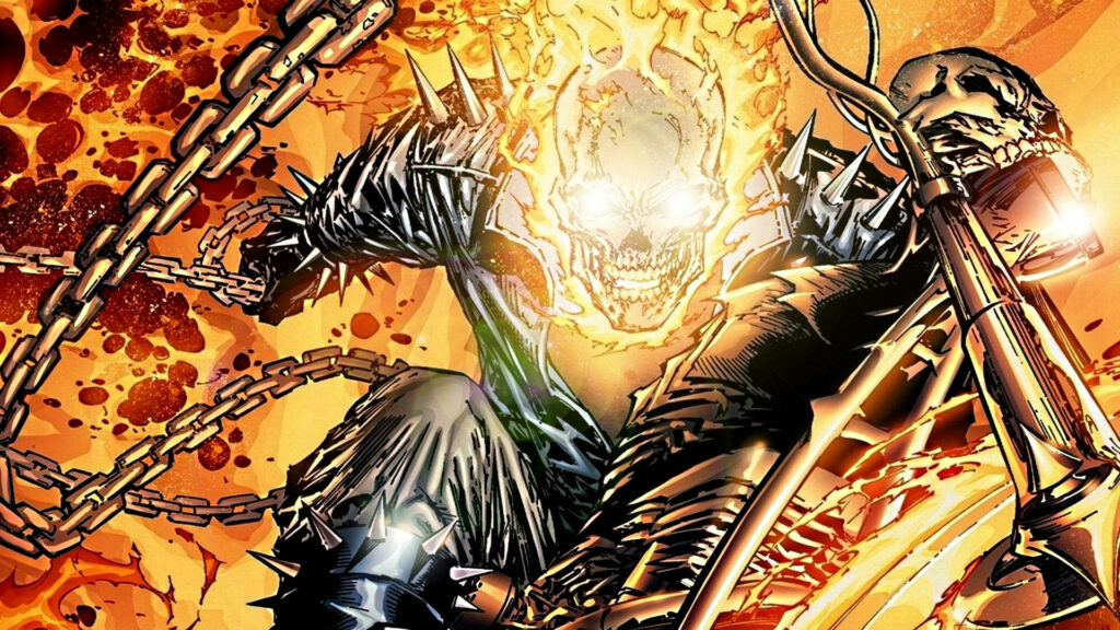 Ghost Rider Marvel Comic Character with Flaming Skull in Fiery Background Wallpaper