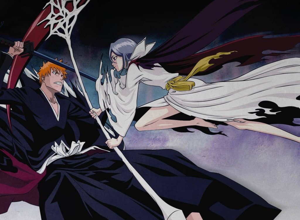Bleach anime wallpaper Ichigo Kurosaki with scythe and Rukia Kuchiki in fierce battle
