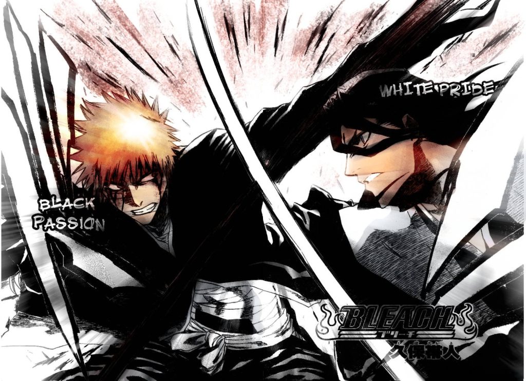 Bleach anime wallpaper Ichigo Kurosaki vs Byakuya Kuchiki intense clash vivid orange tones